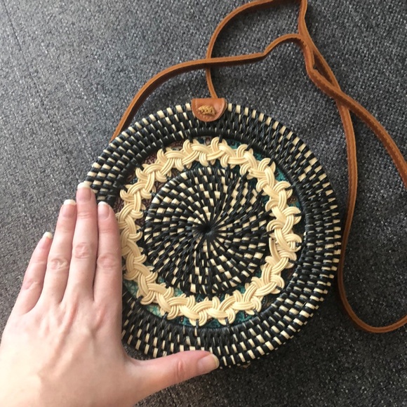 Rattan straw bag purse black cream faux leather - Picture 2 of 7